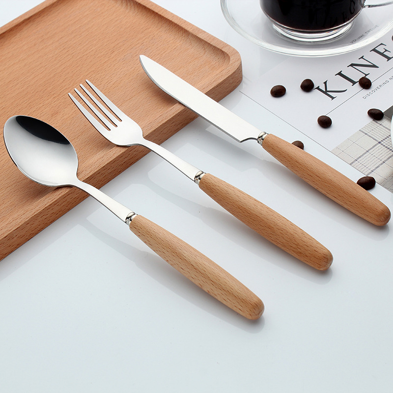 Beech Handle 410 Stainless Steel Steak Knife and Fork Spoon Japanese Style Chopsticks Dessert Spoon Tableware Set Gift