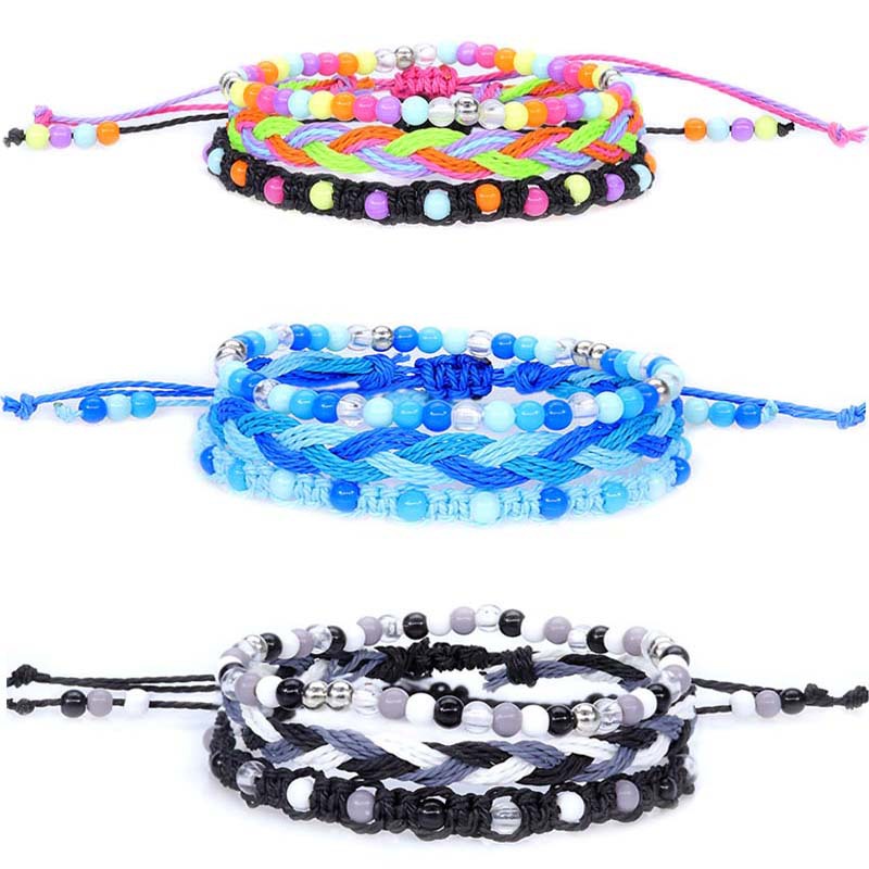 Cross-border New Teenager Colorful Beads Bracelet Amazon Hot Selling Waterproof Wax Woven Bracelet Three-piece Set