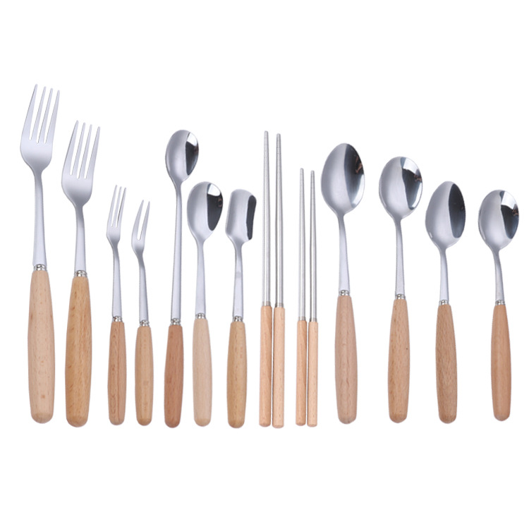 Beech Handle 410 Stainless Steel Steak Knife and Fork Spoon Japanese Style Chopsticks Dessert Spoon Tableware Set Gift