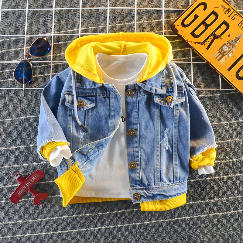 Children's fake two-piece coat Denim Spring and Autumn New Korean style western style children's cartoon printed boys' children's jacket