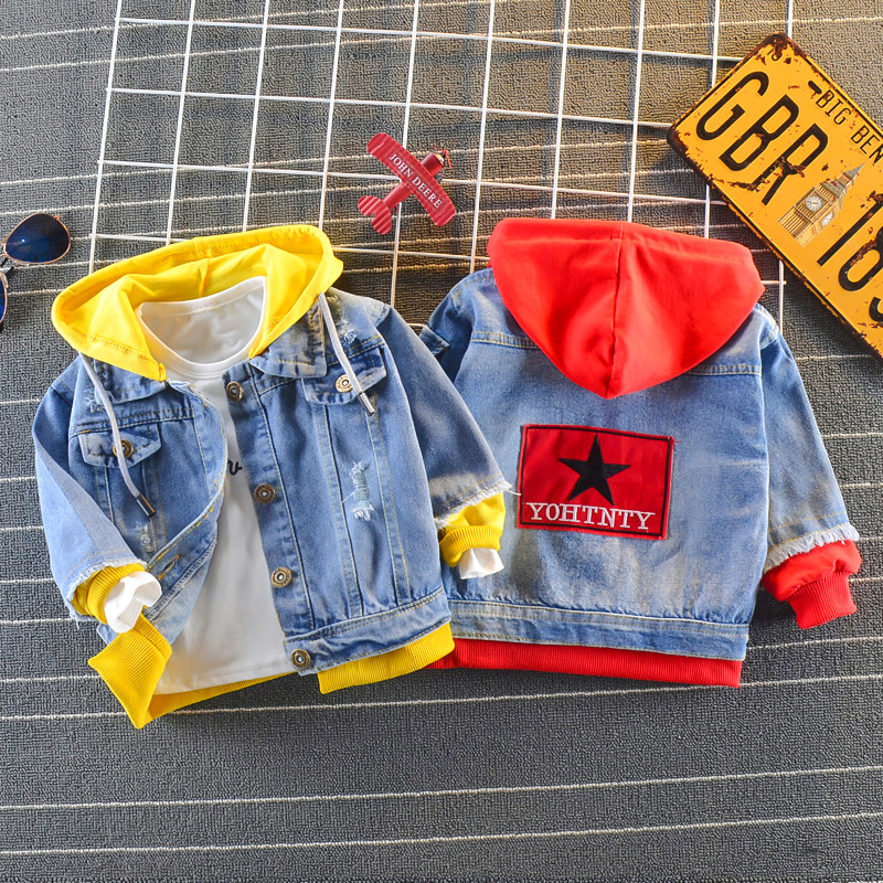 Children's fake two-piece coat Denim Spring and Autumn New Korean style western style children's cartoon printed boys' children's jacket