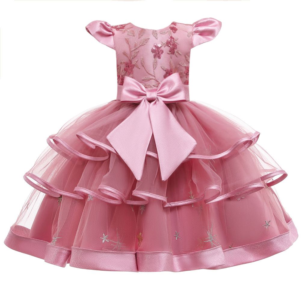 New Children's Dress Girls' Short-sleeved Sequins Princess Fluffy Flower Girl's Wedding Dress High-end Performance Show