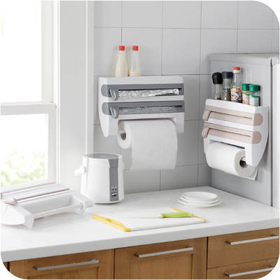 Multi-functional cling film cutter wall hanging kitchen tissue holder sliding knife type tin foil split box storage rack