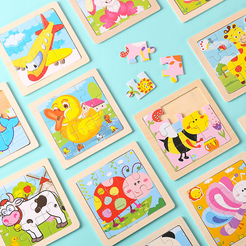 9枚の木製の子供のジグソーパズルのおもちゃの幼児の早教の益智の漫画の動物の交通機関の認知のつづり板の卸売り|undefined