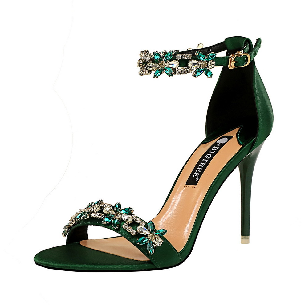 368-1 European and American style sexy banquet high heels women's shoes thin heel high heel satin open toe rhinestone sandals