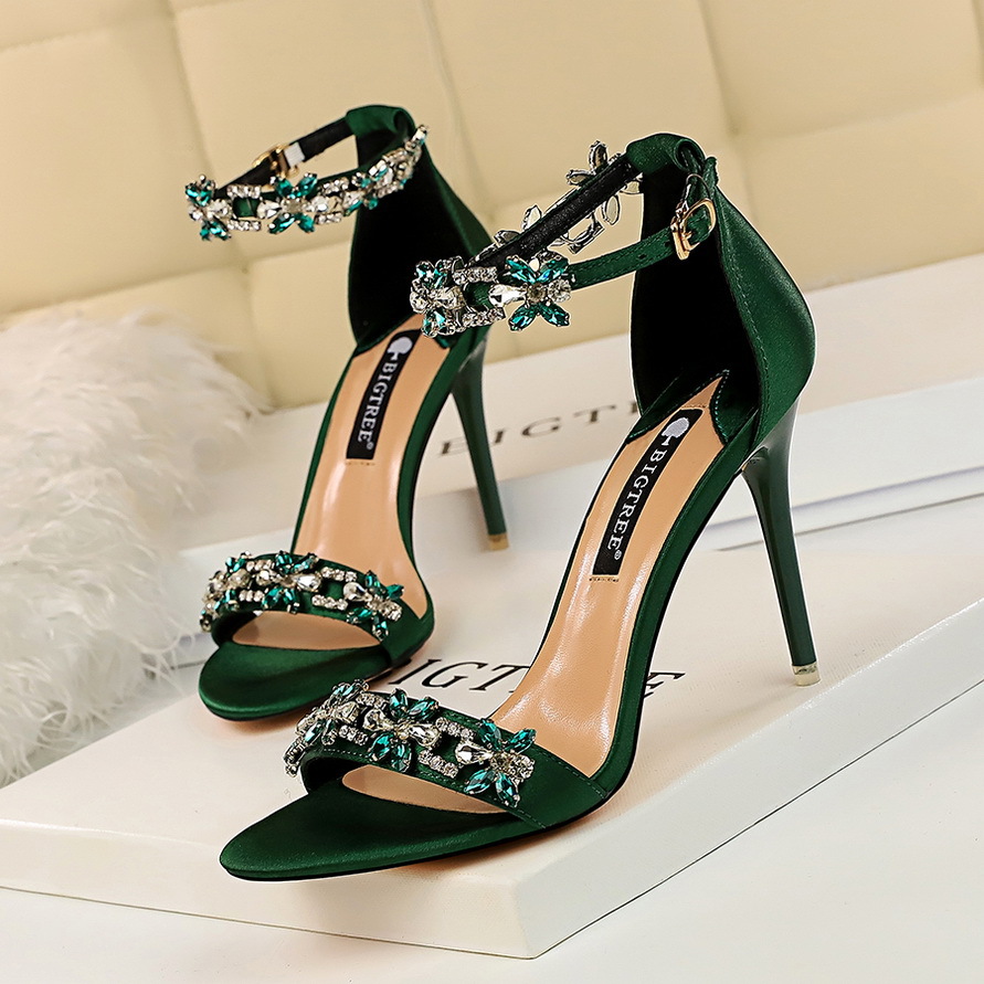 368-1 European and American style sexy banquet high heels women's shoes thin heel high heel satin open toe rhinestone sandals