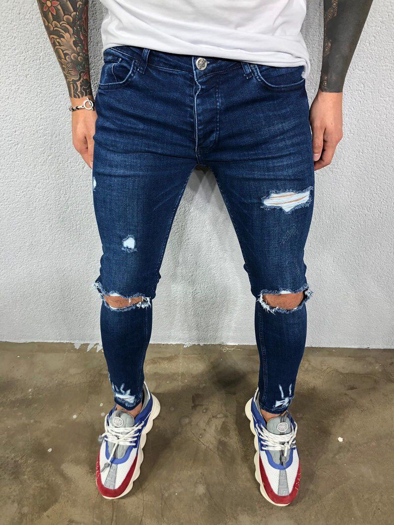 2020 Cross-border European and American Men's Ripped Elastic Leg Jeans Ripped New Jeans Elastic New