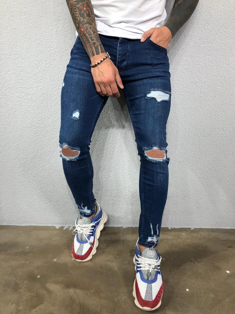 2020 Cross-border European and American Men's Ripped Elastic Leg Jeans Ripped New Jeans Elastic New