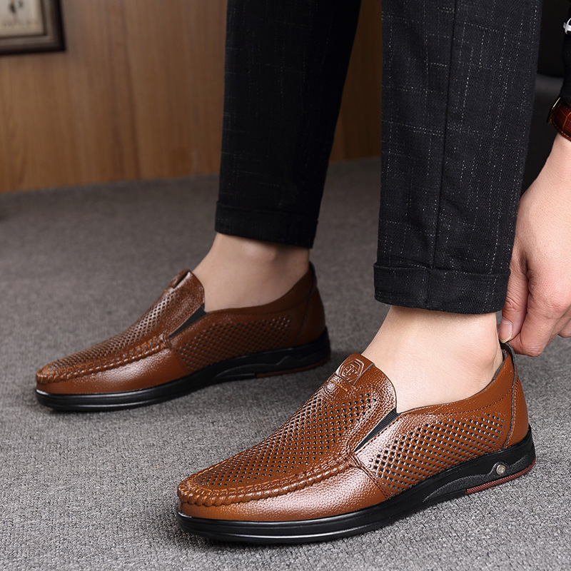 Cross-Border Men's shoes large size genuine leather 45 breathable hollow 46 dad shoes middle-aged and elderly shoes business casual non-slip Bean shoes