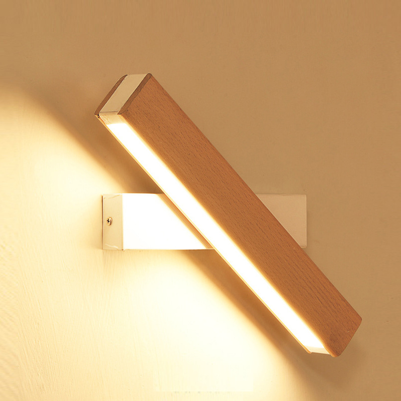 LED solid wood wall lamp minimalist bedroom bedside lamp long bar hotel room lamp rotatable bedside reading wall lamp