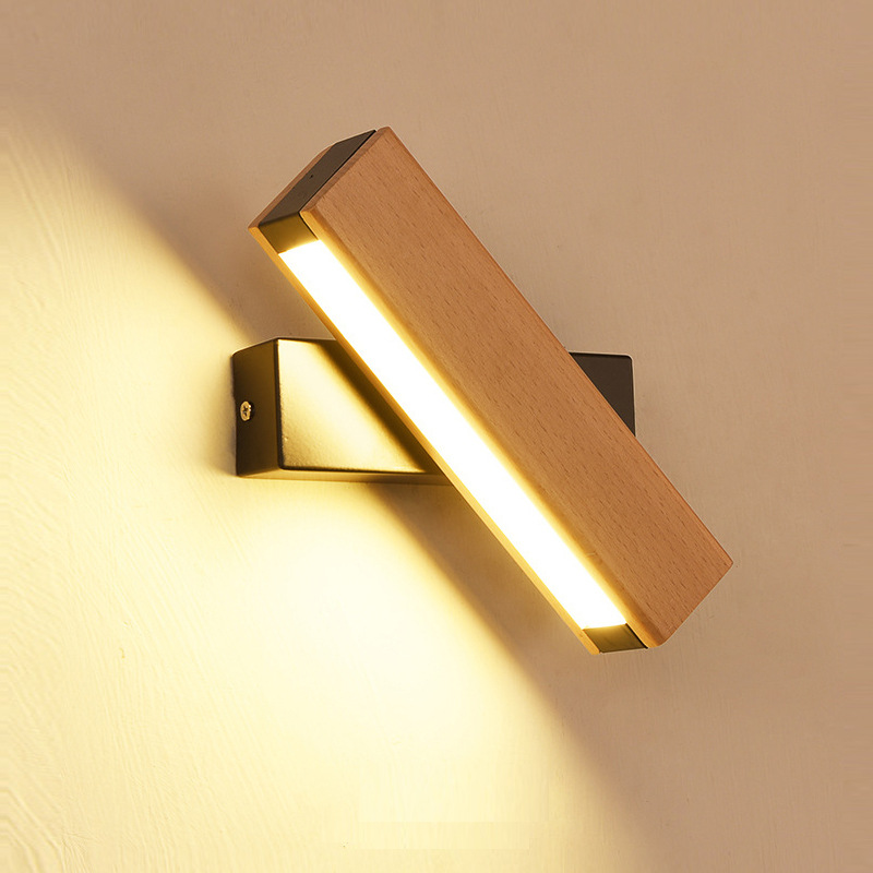 LED solid wood wall lamp minimalist bedroom bedside lamp long bar hotel room lamp rotatable bedside reading wall lamp