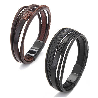 Popular jewelry cowhide rope woven men's leather bracelet alloy magnetic buckle bracelet cross-border handmade jewelry bracelet