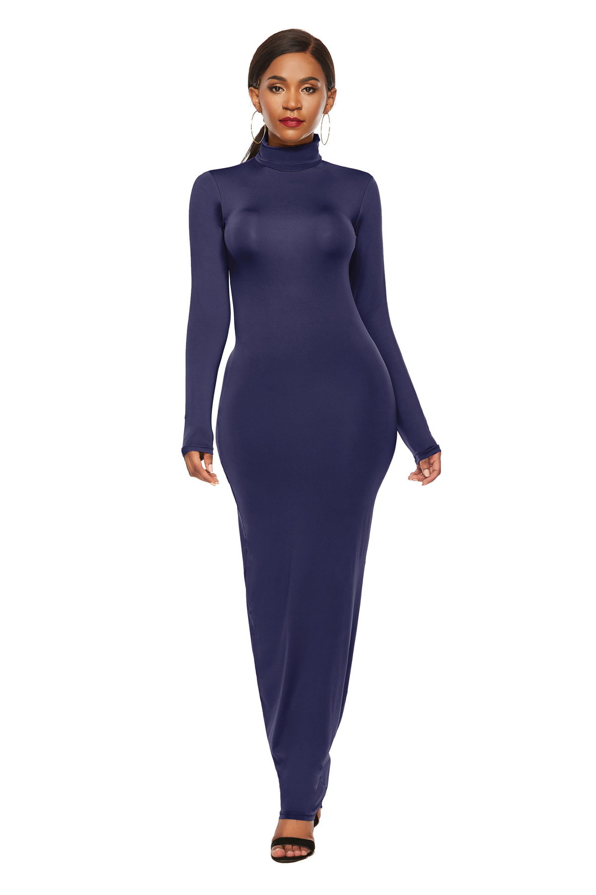 ebay cross-border foreign trade Women's European and American fashion solid color dress long sleeve stretch slim high collar dress