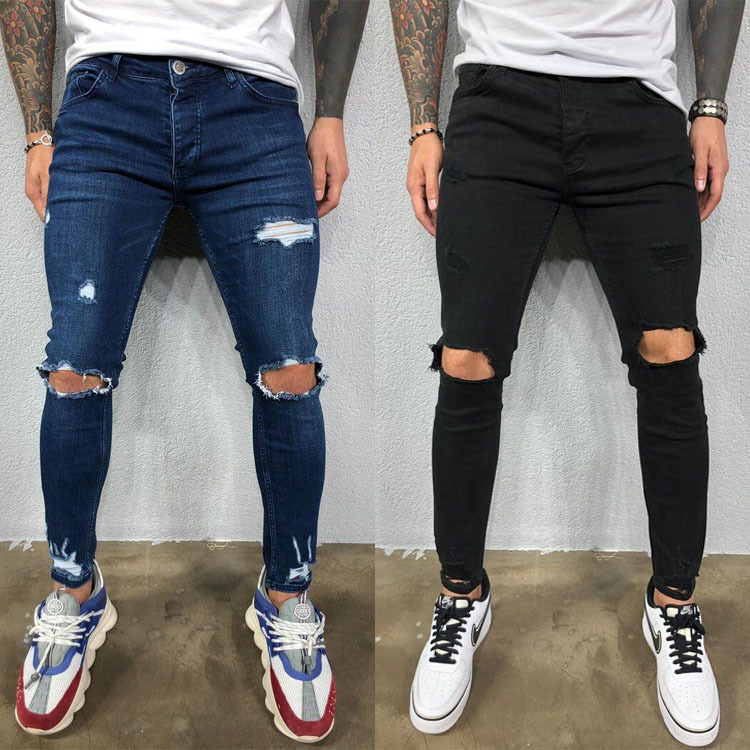 2020 Cross-border European and American Men's Ripped Elastic Leg Jeans Ripped New Jeans Elastic New