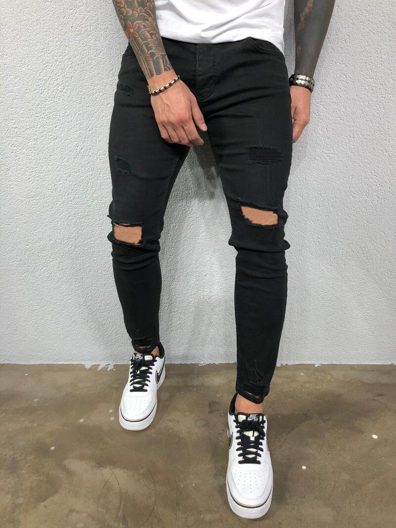 2020 Cross-border European and American Men's Ripped Elastic Leg Jeans Ripped New Jeans Elastic New