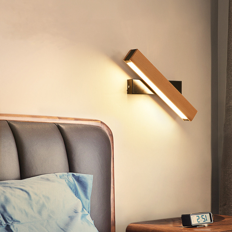 LED solid wood wall lamp minimalist bedroom bedside lamp long bar hotel room lamp rotatable bedside reading wall lamp