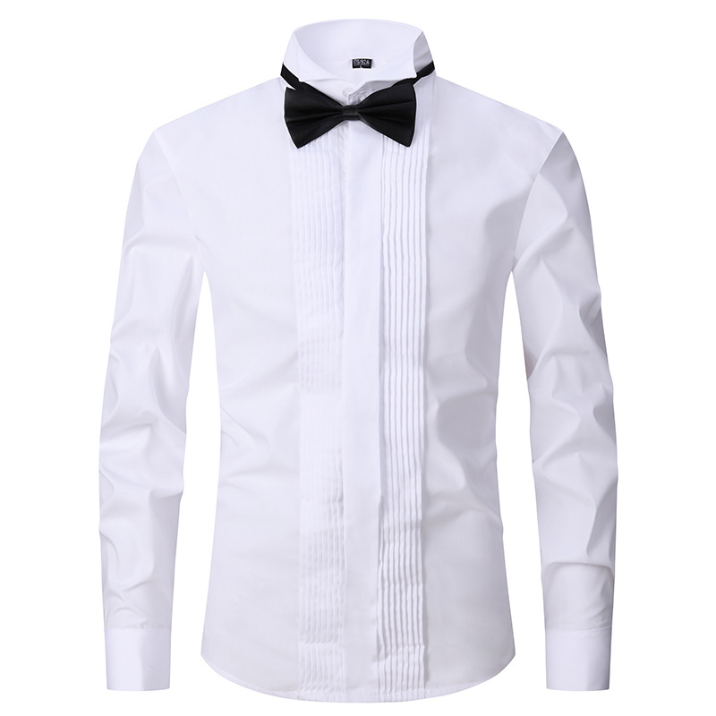 Pure Black Performance Shirt Men's Long Sleeve Stage Evening Chorus Costume Adult Host Bow-tie Dress Shirt