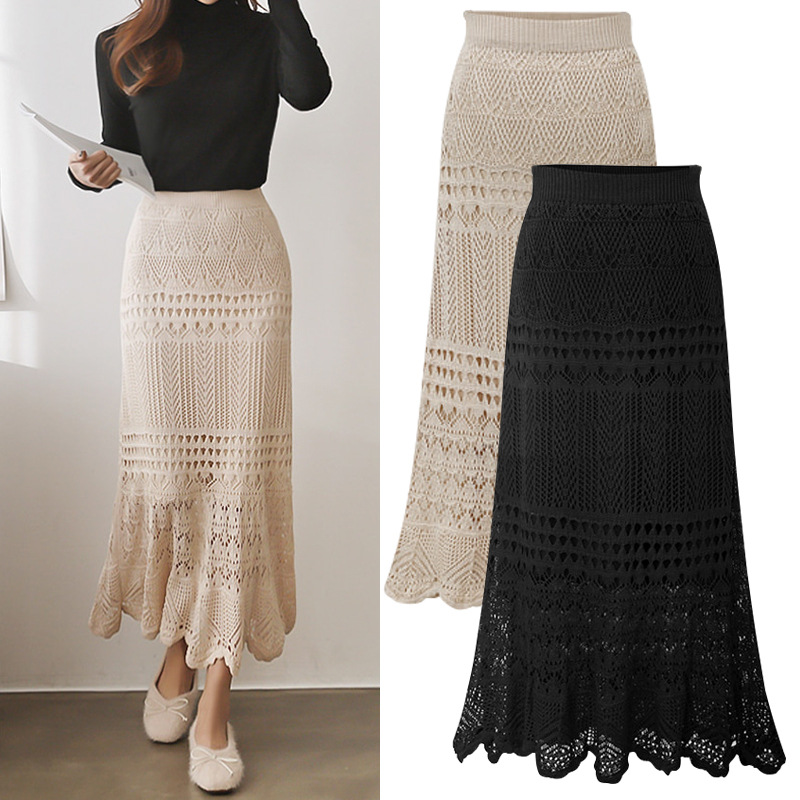 Women's Spring and Autumn high waist loose plus size crocheted hollow-out knitted sheath midi skirt for women 90cm
