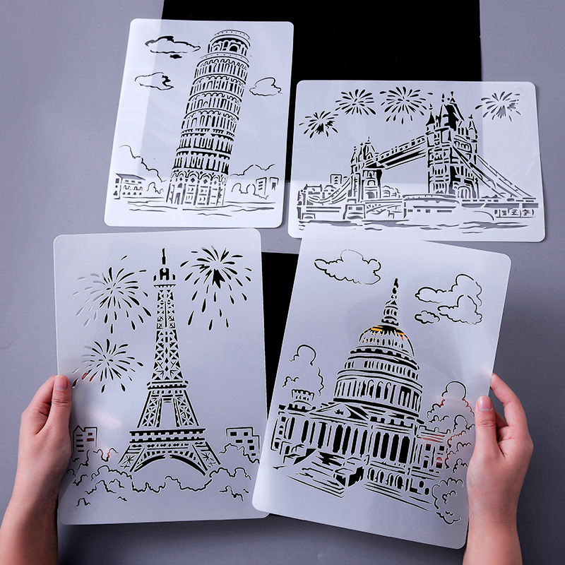 Yue Lu/YUELU Creative Architecture Series Painting Template Cross-border Amazon Hollow City A4 Lace Ruler Template