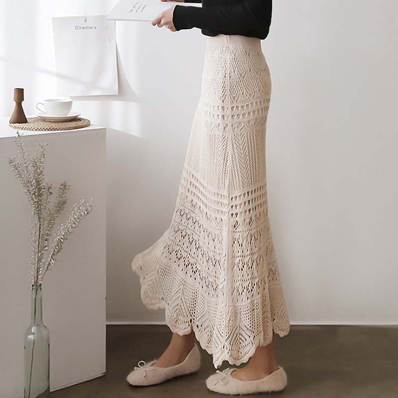 Women's Spring and Autumn high waist loose plus size crocheted hollow-out knitted sheath midi skirt for women 90cm