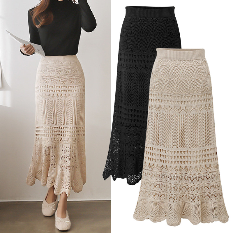 Women's Spring and Autumn high waist loose plus size crocheted hollow-out knitted sheath midi skirt for women 90cm