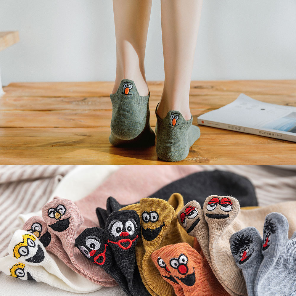 Spring and Summer Ins Trendy Japanese and Korean Heel Embroidered Socks Sesame Street Boat Socks Funny Trendy Women's Short Socks Zhuji Socks