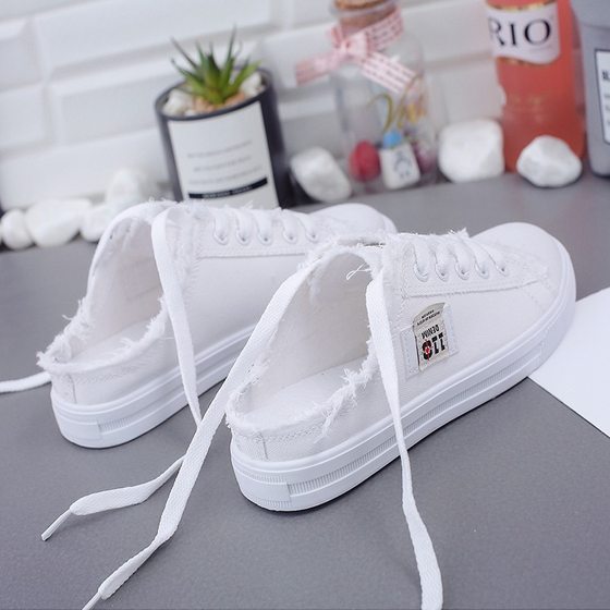 Canvas shoes new women's 2025 spring and summer small white shoes flat shoes loafers shoes one pedal half tray wholesale