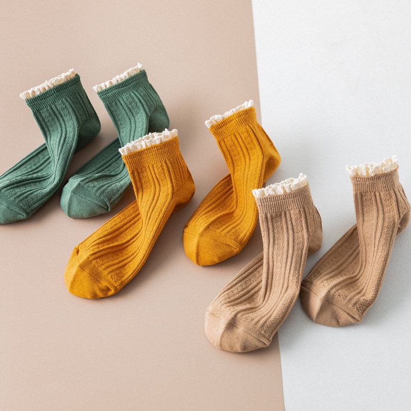 Spring and Summer Japanese College Style Retro Wood-ear Women's Double Needle Lace Boat Socks Cotton Socks Solid Color Women's Socks