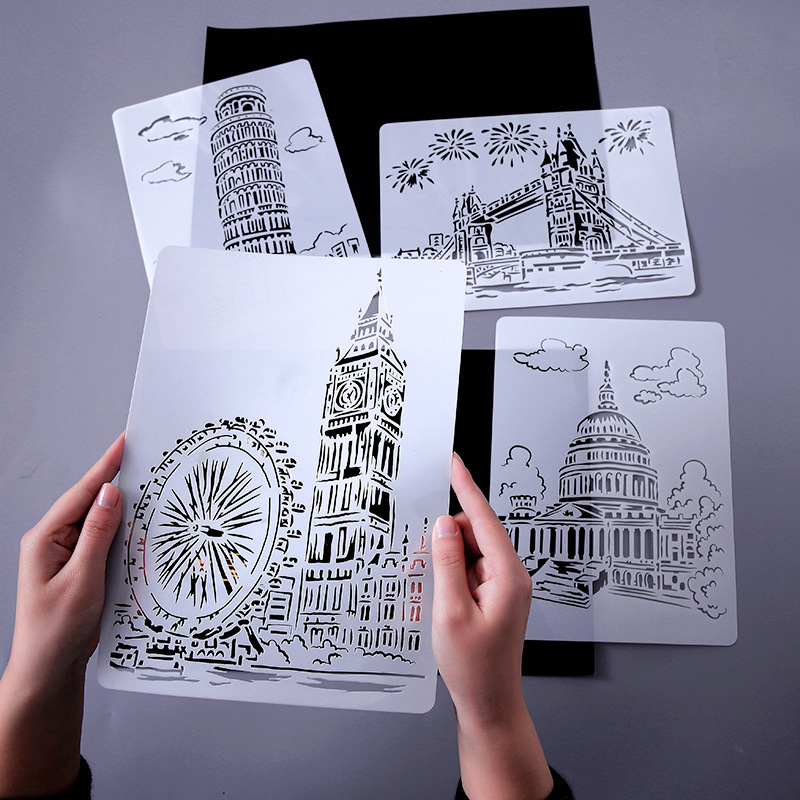 Yue Lu/YUELU Creative Architecture Series Painting Template Cross-border Amazon Hollow City A4 Lace Ruler Template