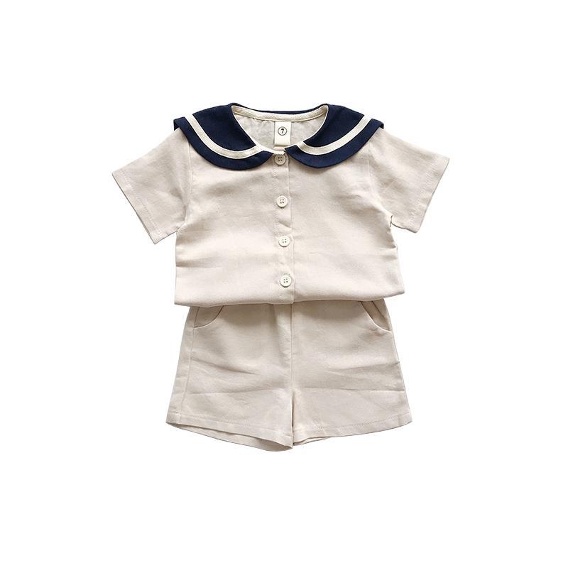 2023 Summer new children's boys and girls Navy style cotton and linen short-sleeved shorts suit sister's clothing foreign trade