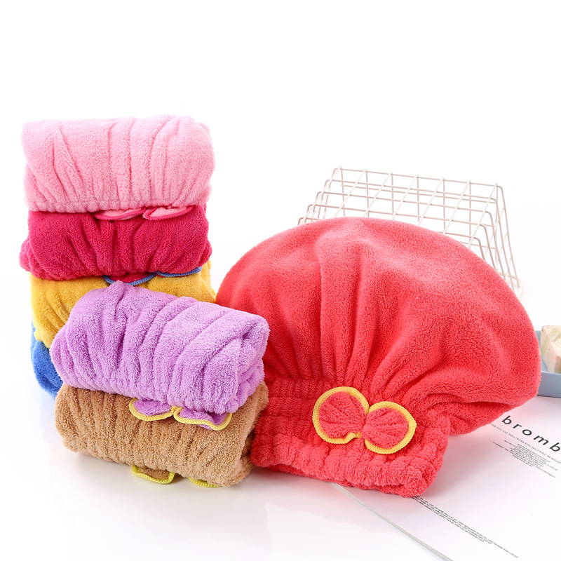High Density Coral Fleece Dry Hair Cap Bow Coral Fleece Princess Cap Encryption Long Fleece Shower Cap Soft Absorbent Cap