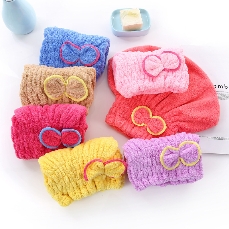 High Density Coral Fleece Dry Hair Cap Bow Coral Fleece Princess Cap Encryption Long Fleece Shower Cap Soft Absorbent Cap