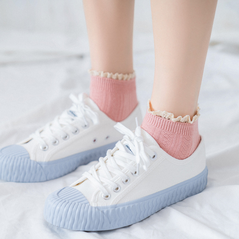Spring and Summer Japanese College Style Retro Wood-ear Women's Double Needle Lace Boat Socks Cotton Socks Solid Color Women's Socks