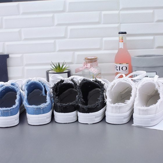 Canvas shoes new women's 2025 spring and summer small white shoes flat shoes loafers shoes one pedal half tray wholesale