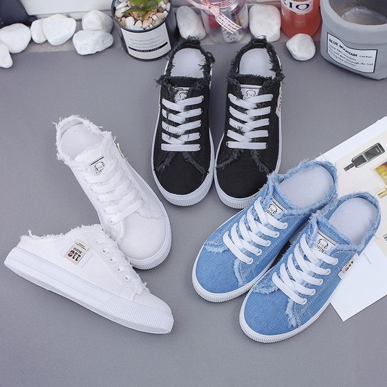 Canvas shoes new women's 2025 spring and summer small white shoes flat shoes loafers shoes one pedal half tray wholesale