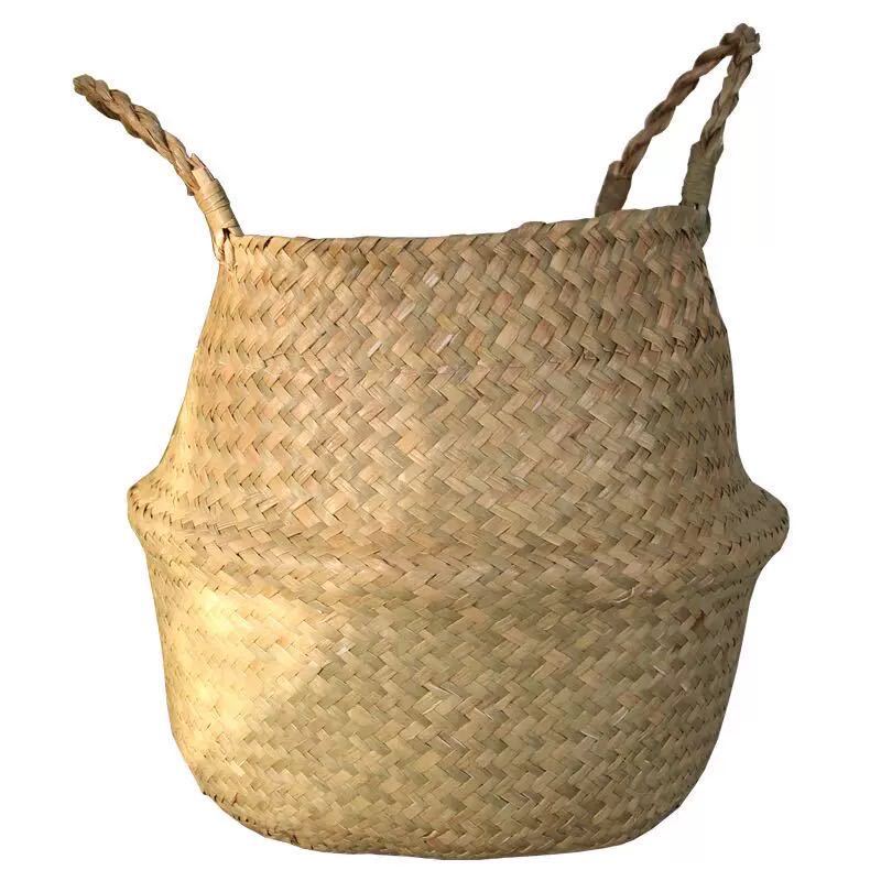 Nordic Flower Basket Portable Woven Basket Flower Pot Straw Woven Bamboo Plant Straw Woven Floor-Standing Folding Straw Woven Bag Basket Woven
