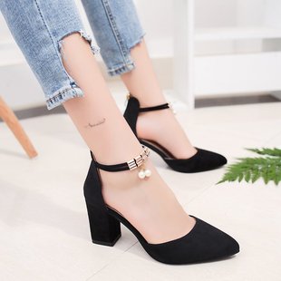 New closed toe chunky heel high heel women's sandals pointed toe women's shoes summer hollow shoes pearl beads 2023 spring and autumn