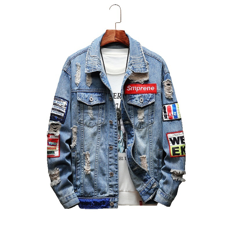 Spring and Autumn Denim Jacket Men's Korean Style Student Loose Casual Ripped Denim Fashionable Japanese Style Jacket Men's Wear