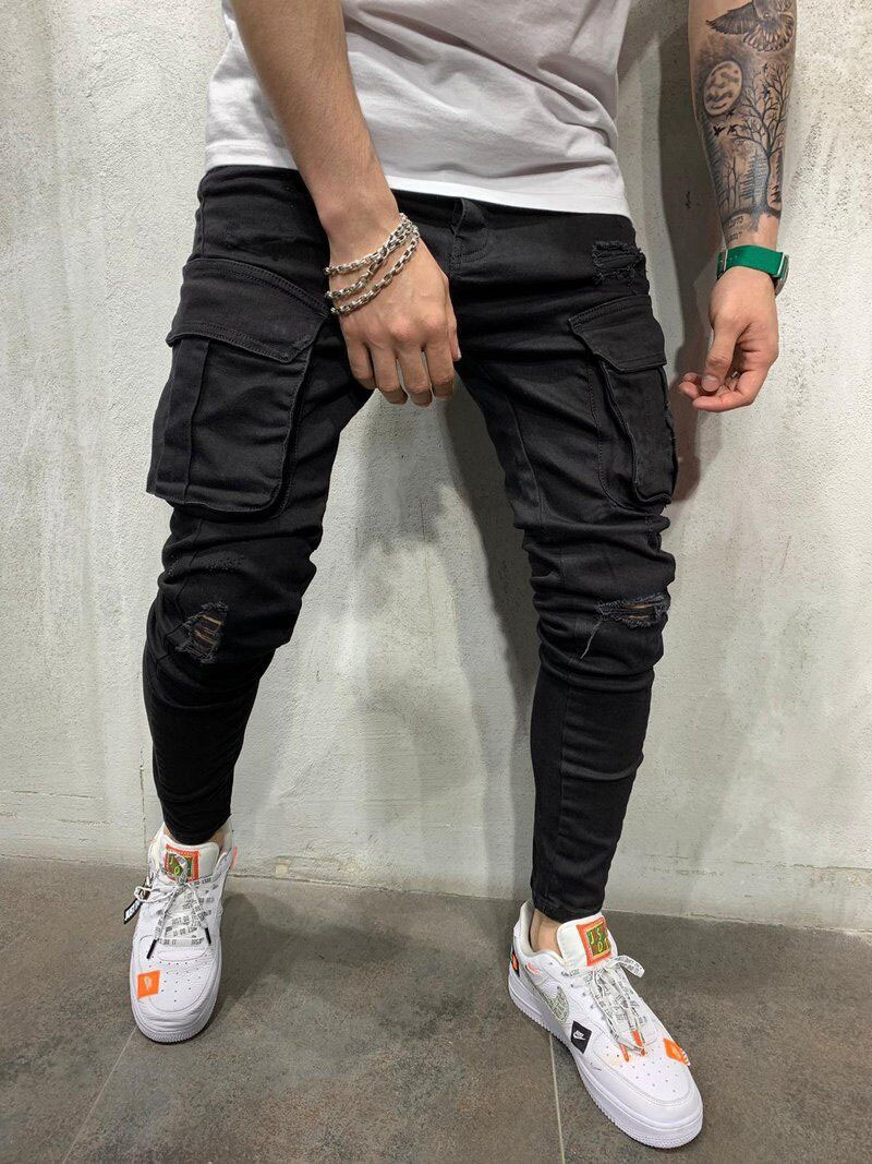 2020 European and American men's multi-pocket ripped stretch skinny jeans high quality Denim overalls men's New