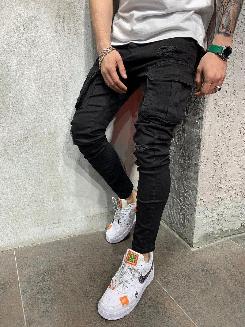 2020 European and American men's multi-pocket ripped stretch skinny jeans high quality Denim overalls men's New