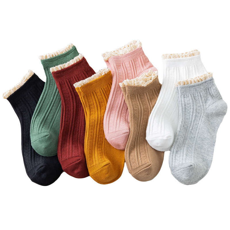 Spring and Summer Japanese College Style Retro Wood-ear Women's Double Needle Lace Boat Socks Cotton Socks Solid Color Women's Socks