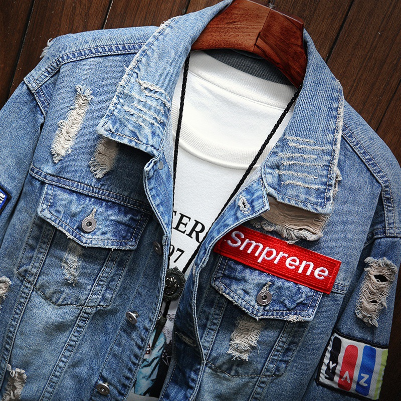Spring and Autumn Denim Jacket Men's Korean Style Student Loose Casual Ripped Denim Fashionable Japanese Style Jacket Men's Wear