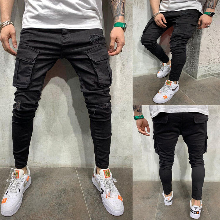 2020 European and American men's multi-pocket ripped stretch skinny jeans high quality Denim overalls men's New