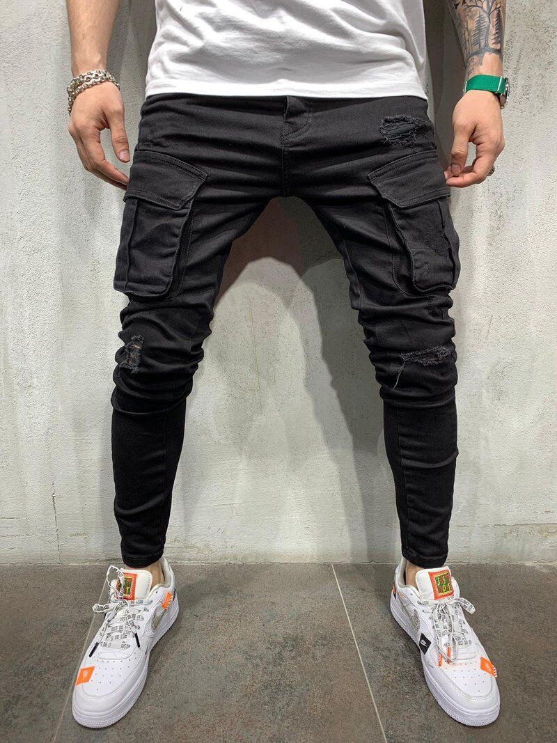 2020 European and American men's multi-pocket ripped stretch skinny jeans high quality Denim overalls men's New