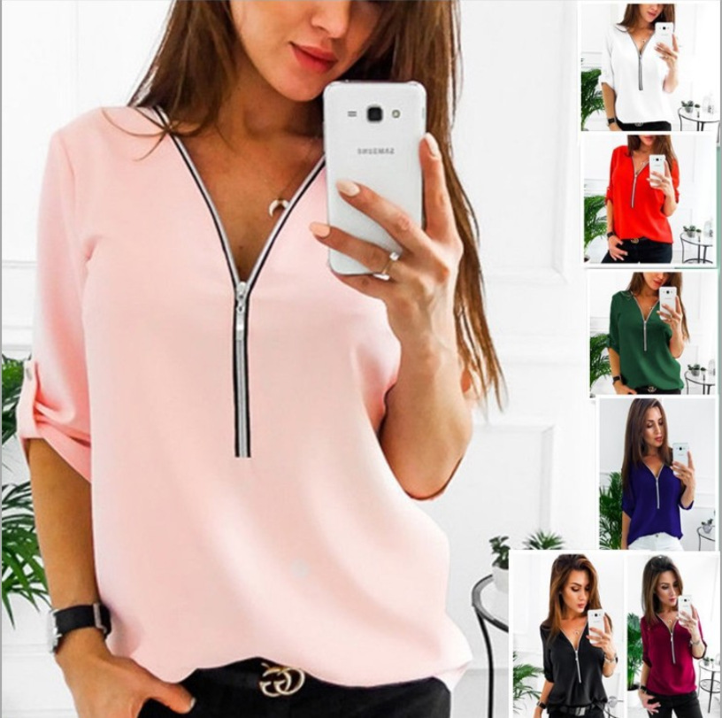 Cross-border hot new top European and American women's long sleeve bottoming shirt Amazon large size zipper V-neck shirt