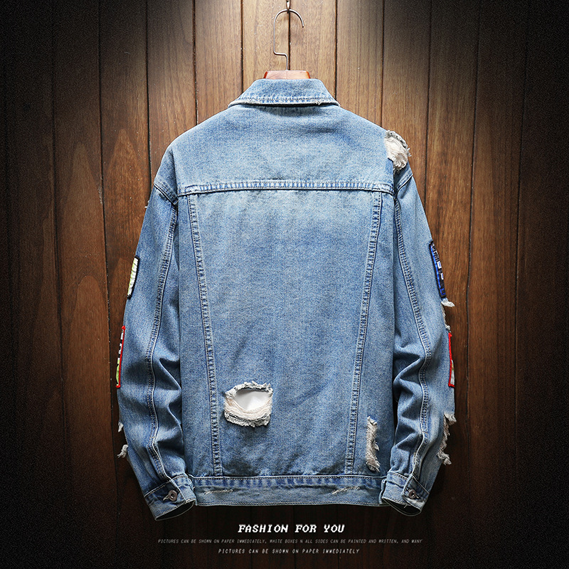 Spring and Autumn Denim Jacket Men's Korean Style Student Loose Casual Ripped Denim Fashionable Japanese Style Jacket Men's Wear