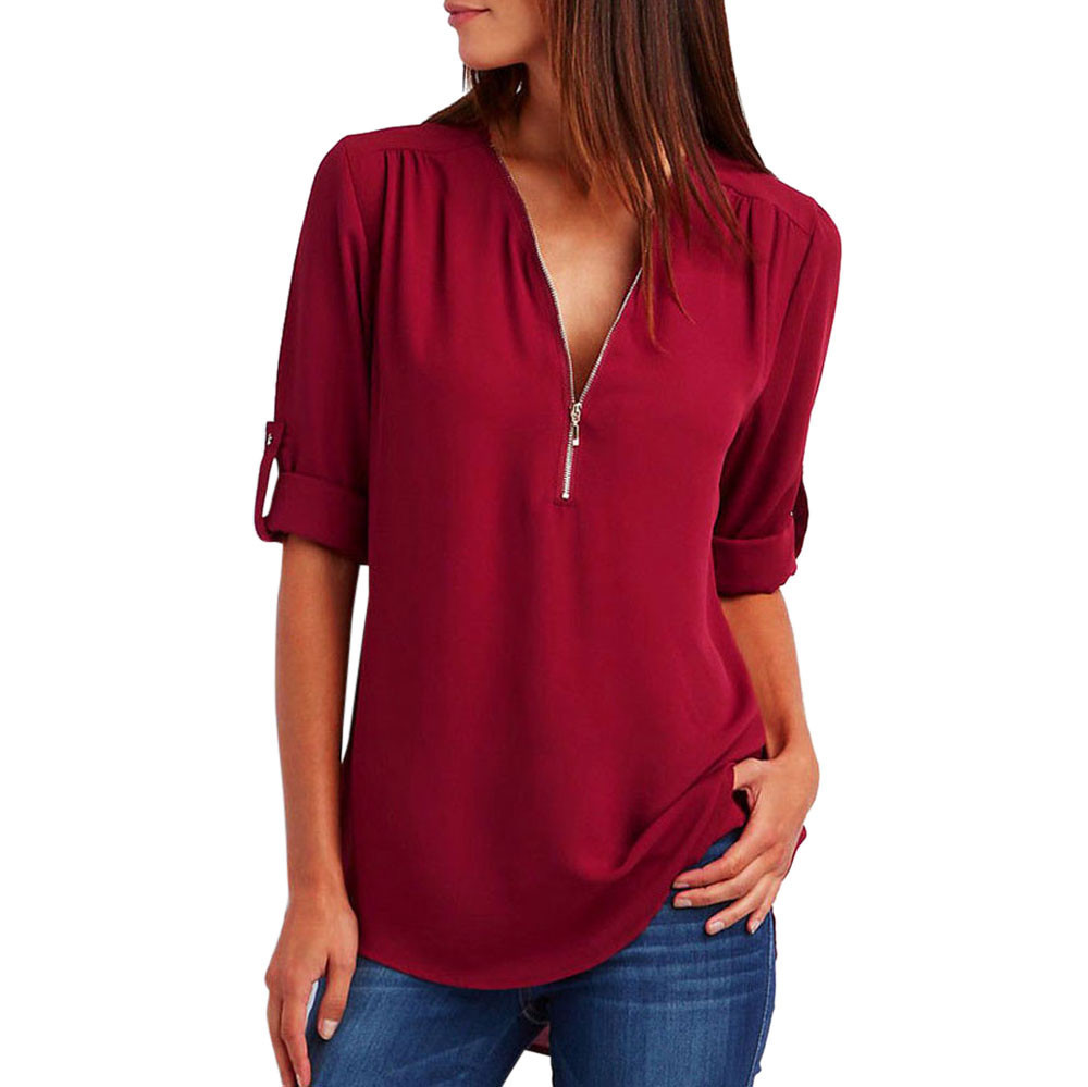 Cross-border hot new top European and American women's long sleeve bottoming shirt Amazon large size zipper V-neck shirt