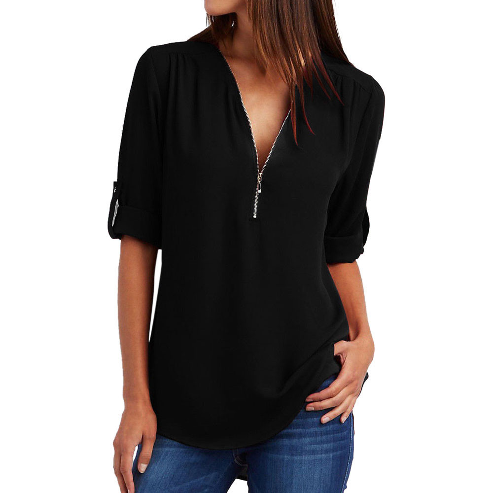 Cross-border hot new top European and American women's long sleeve bottoming shirt Amazon large size zipper V-neck shirt