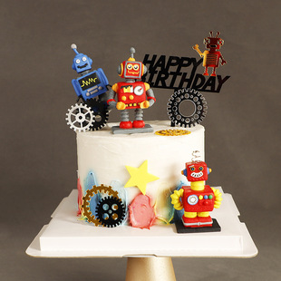 Boy's Birthday Cake Decoration Soft Pottery Stereo Retro Robot Antenna Robot Doll Ornaments