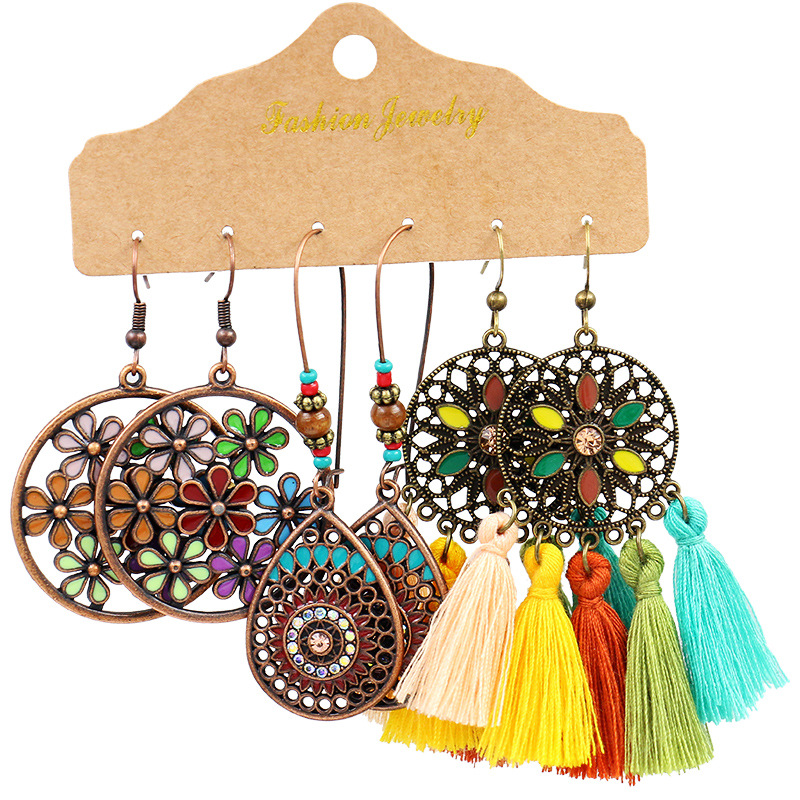 Hot Bohemian Tassel Earrings suit Combination Cross-border European and American Fashion Retro Ethnic Ear Jewelry
